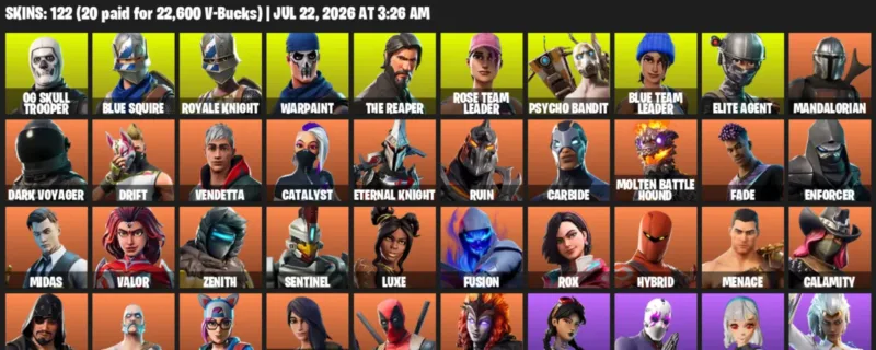 Fortnite Accounts listing: LVL 1723 - OG Skull Trooper - Blue Squire - 122 Outfits - 122 outfits