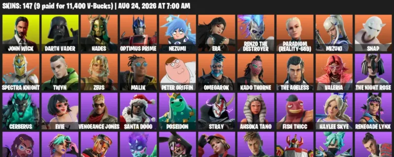 Fortnite account inventory for LVL 3983 - John Wick - Darth Vader - 147 Outfits