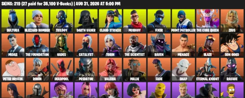 Fortnite account inventory for LVL 3958 - Sultura - Blizzard Bomber - 219 Outfits