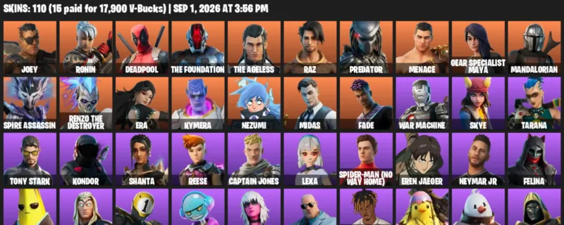 Fortnite account inventory for LVL 1356 - Joey - Ronin - 110 Outfits