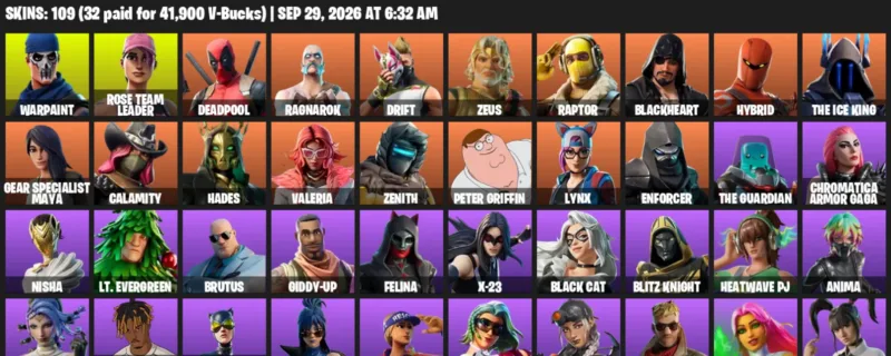 Fortnite account inventory for Warpaint - Rose Team Leader - 109 Outfits