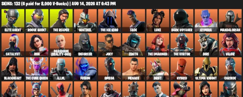 Fortnite account inventory for LVL 1476 - Elite Agent - Rogue Agent - 132 Outfits