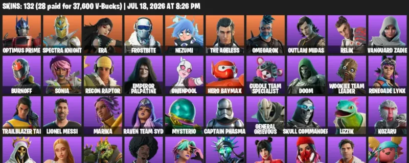 Fortnite Accounts listing: LVL 1402 - Optimus Prime - Spectra Knight - 132 Outfits - 132 outfits