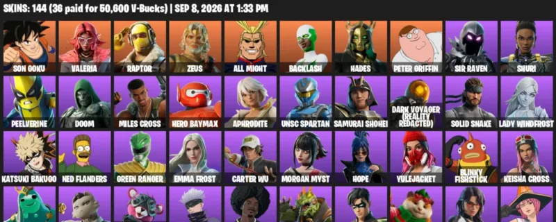 Fortnite account inventory for LVL 1482 - Son Goku - Valeria - 144 Outfits