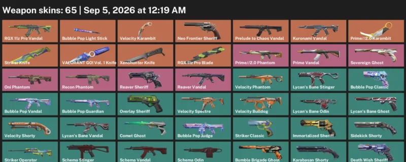 Valorant account inventory for LVL 204 · 2.0 Karambit & RGX 11z Pro Blade & Xenohunter Knife