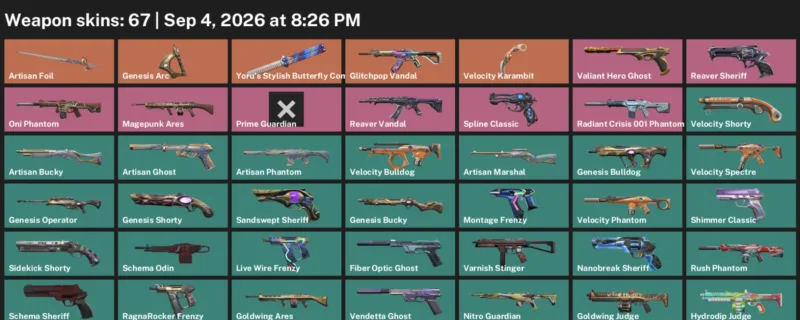 Valorant account inventory for LVL 305 · 67 Skins Velocity Karambit & Aero Phantom