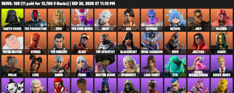 Fortnite account inventory for Darth Vader - The Foundation - 105 Outfits