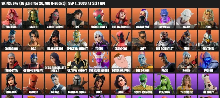 Fortnite account inventory for LVL 3853 - Valeria - Hades - 247 Outfits