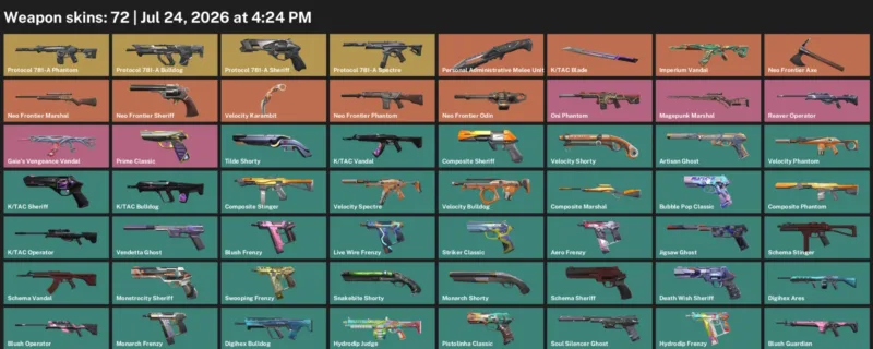 Valorant Accounts listing: LVL 291 · K/TAC Blade & Personal Administrative Melee Unit · 72 Skins - Silver 3, 72 skins