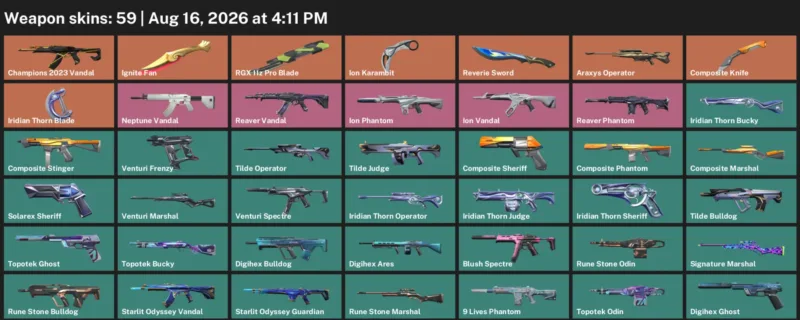 Valorant account inventory for LVL 114 · Composite Knife & Ignite Fan & Ion Karambit