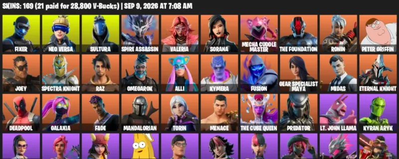 Fortnite account inventory for LVL 2241 - Fixer - Neo Versa - 169 Outfits