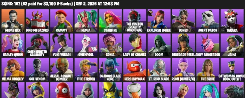 Fortnite account inventory for LVL 791 - Midas Rex - Dino Megazord - 167 Outfits