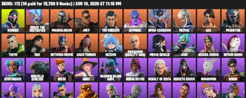 Fortnite account inventory for LVL 2337 - Xander - Renzo the Destroyer - 113 Outfits