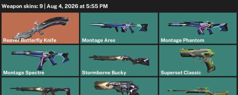Valorant account inventory for LVL 26 · Reaver Butterfly Knife & Montage Phantom