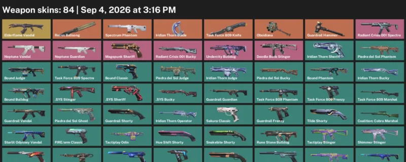 Valorant account inventory for LVL 152 · Task Force 809 Knife & 84 Skins Iridian Thorn Blade