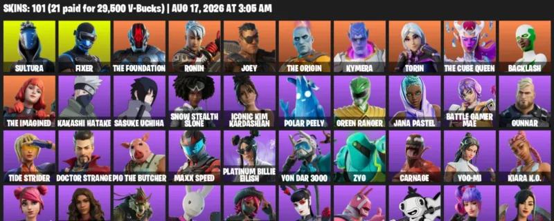 Fortnite account inventory for LVL 2491 - Sultura - Fixer - 101 Outfits