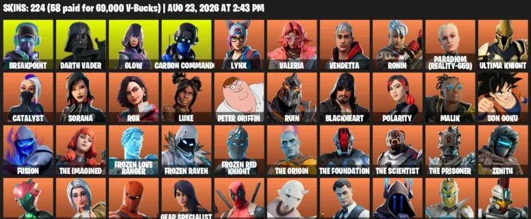 Fortnite account inventory for LVL 2487 - Breakpoint - Darth Vader - 224 Outfits