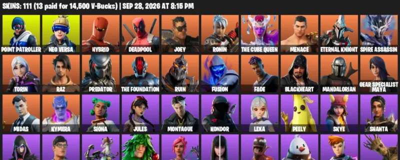 Fortnite account inventory for Point Patroller - Neo Versa - 111 Outfits
