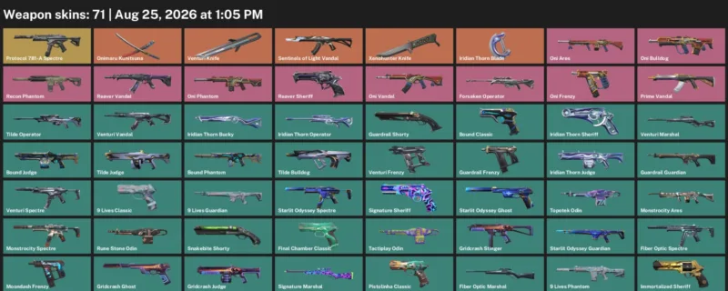 Valorant account inventory for LVL 188 · Xenohunter Knife & Iridian Thorn Blade & Venturi Knife