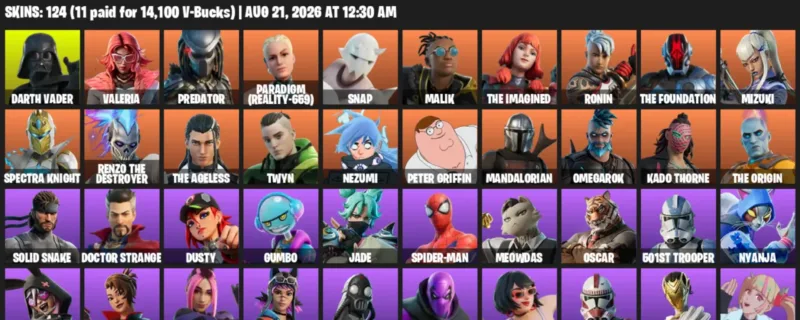 Fortnite account inventory for LVL 1653 - Darth Vader - Valeria - 124 Outfits