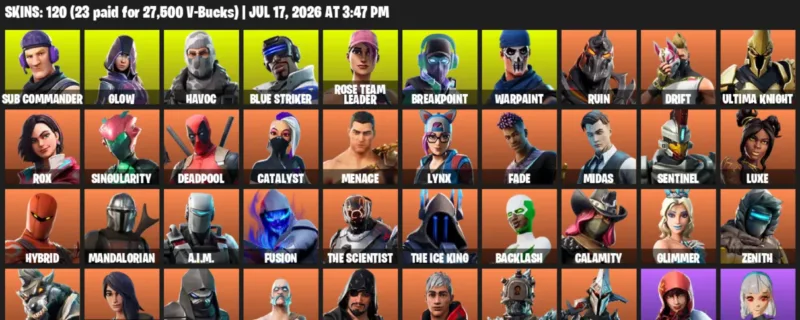 Fortnite Accounts listing: LVL 1558 - Sub Commander - Glow - 120 Outfits - 120 outfits