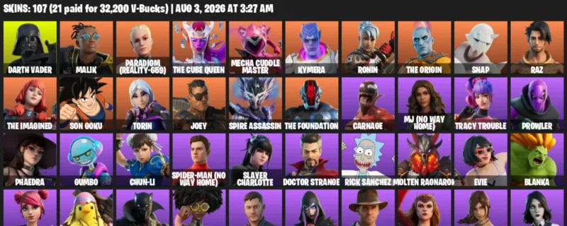 Fortnite account inventory for LVL 1141 - Darth Vader - Malik - 107 Outfits