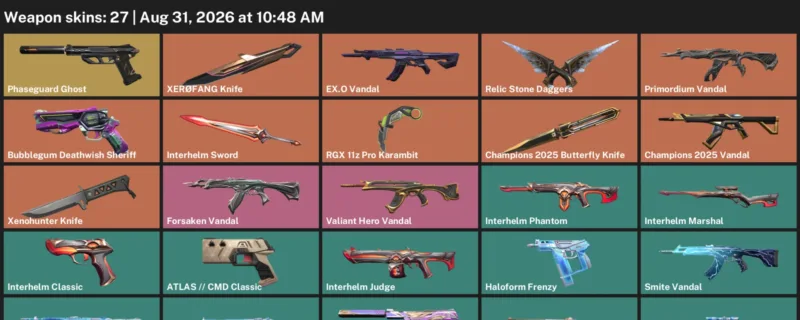 Valorant account inventory for LVL 51 · 27 Skins Champions 2025 Butterfly Knife & RGX 11z Pro Karambit
