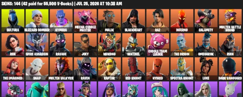 Fortnite Accounts listing: LVL 1496 - Sultura - Blizzard Bomber - 144 Outfits - 144 outfits