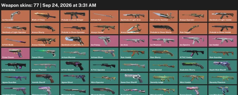 Valorant account inventory for LVL 239 · Blade of Chaos & Ion Karambit & Araxys Operator