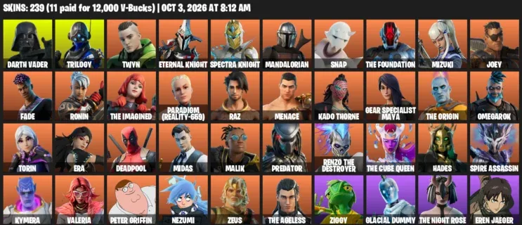 Fortnite account inventory for Darth Vader - Trilogy - 120 Outfits