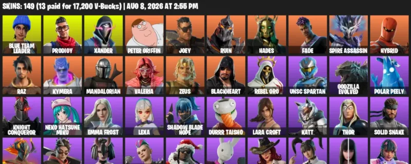 Fortnite account inventory for LVL 1789 - Blue Team Leader - Prodigy - 149 Outfits