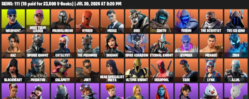 Fortnite Accounts listing: LVL 1450 - Warpaint - Rose Team Leader - 111 Outfits - 111 outfits