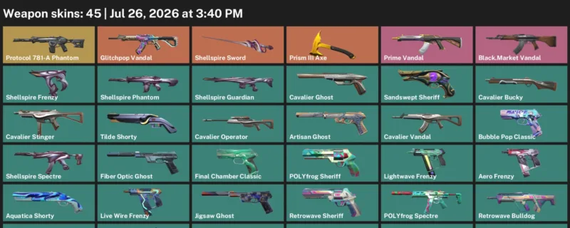 Valorant Accounts listing: LVL 245 · Shellspire Sword · 45 Skins - Silver 2, 45 skins
