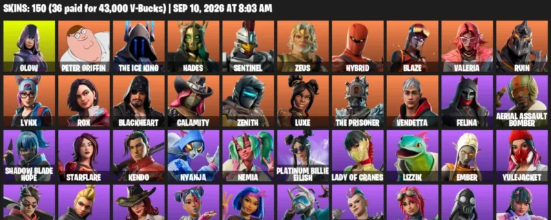 Fortnite account inventory for LVL 1623 - Glow - Peter Griffin - 150 Outfits
