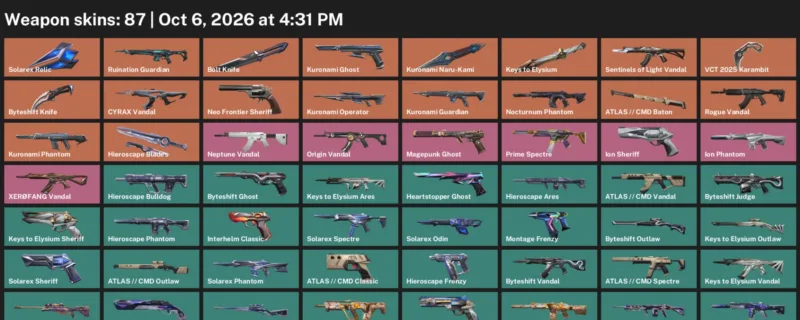 Valorant account inventory for LVL 205 · VCT 2025 Karambit & Byteshift Knife