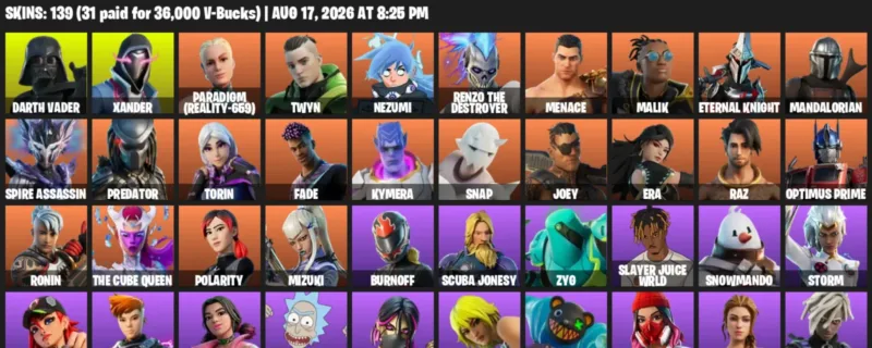 Fortnite account inventory for LVL 2590 - Darth Vader - Xander - 139 Outfits