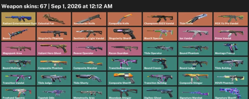 Valorant account inventory for LVL 118 · Xenohunter Knife & Celestial Fan & Composite Knife