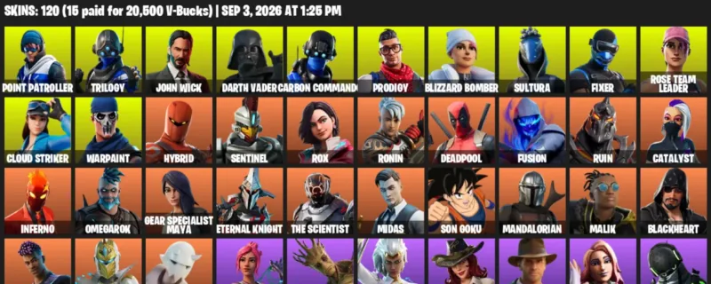 Fortnite account inventory for LVL 1496 - Point Patroller - Trilogy - 120 Outfits