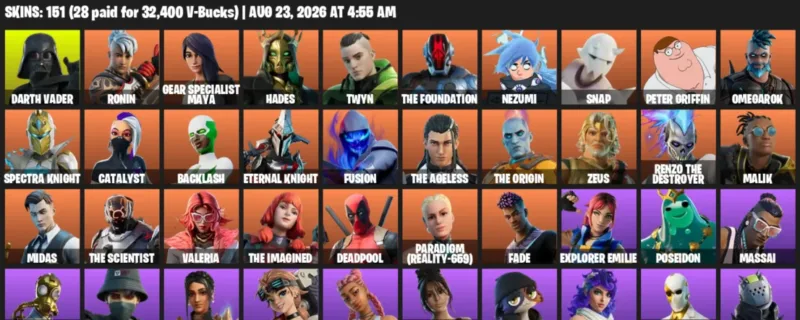 Fortnite account inventory for LVL 3077 - Darth Vader - Ronin - 151 Outfits