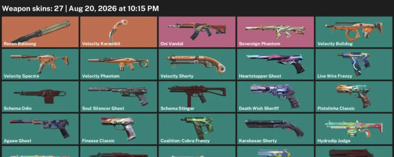 Valorant account inventory for LVL 183 · Velocity Karambit & Death Wish Sheriff