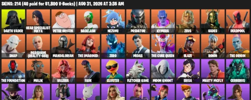Fortnite account inventory for LVL 2789 - Darth Vader - Gear Specialist Maya - 214 Outfits