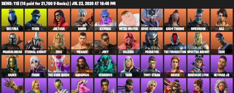 Fortnite Accounts listing: LVL 2148 - Sultura - Fixer - 118 Outfits - 118 outfits