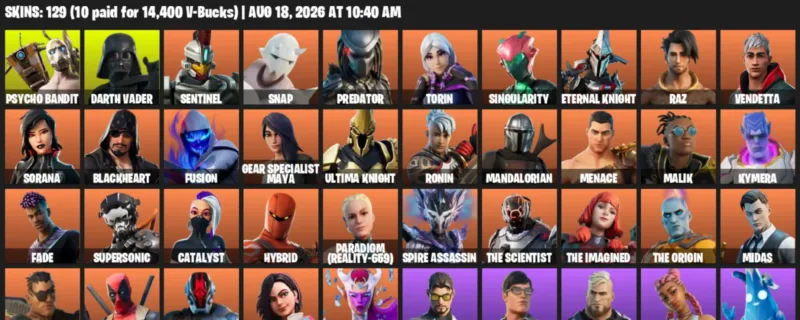 Fortnite account inventory for LVL 2158 - Psycho Bandit - Darth Vader - 129 Outfits