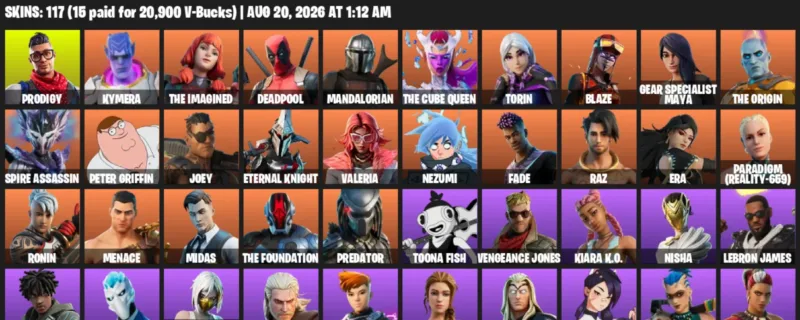 Fortnite account inventory for LVL 1721 - Prodigy - Kymera - 117 Outfits