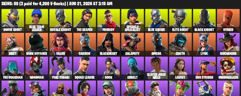 Fortnite account inventory for LVL 1019 - Rogue Agent - Blue Team Leader - 59 Outfits