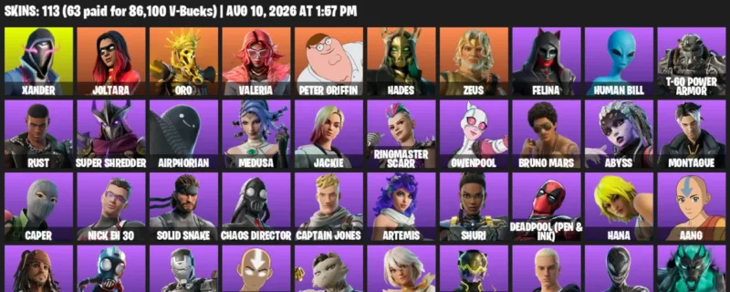 Fortnite account inventory for LVL 2823 - Xander - Joltara - 113 Outfits
