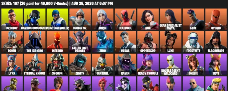 Fortnite account inventory for LVL 900 - Prodigy - Carbon Commando - 107 Outfits