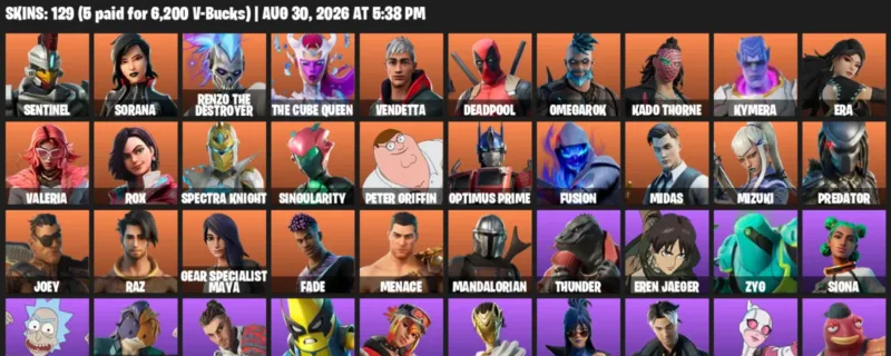 Fortnite account inventory for LVL 1949 - Sentinel - Sorana - 129 Outfits
