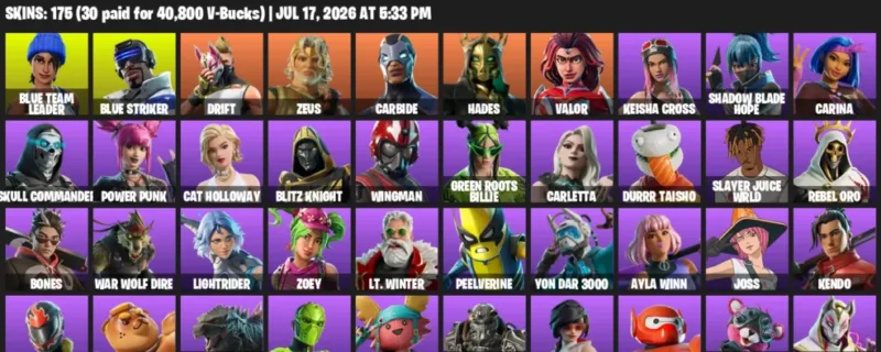 Fortnite Accounts listing: LVL 2137 - Blue Team Leader - Blue Striker - 175 Outfits - 175 outfits