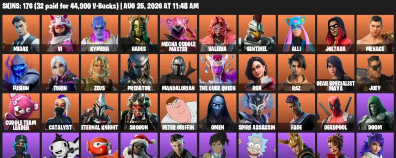Fortnite account inventory for LVL 2702 - Midas - Vi - 176 Outfits